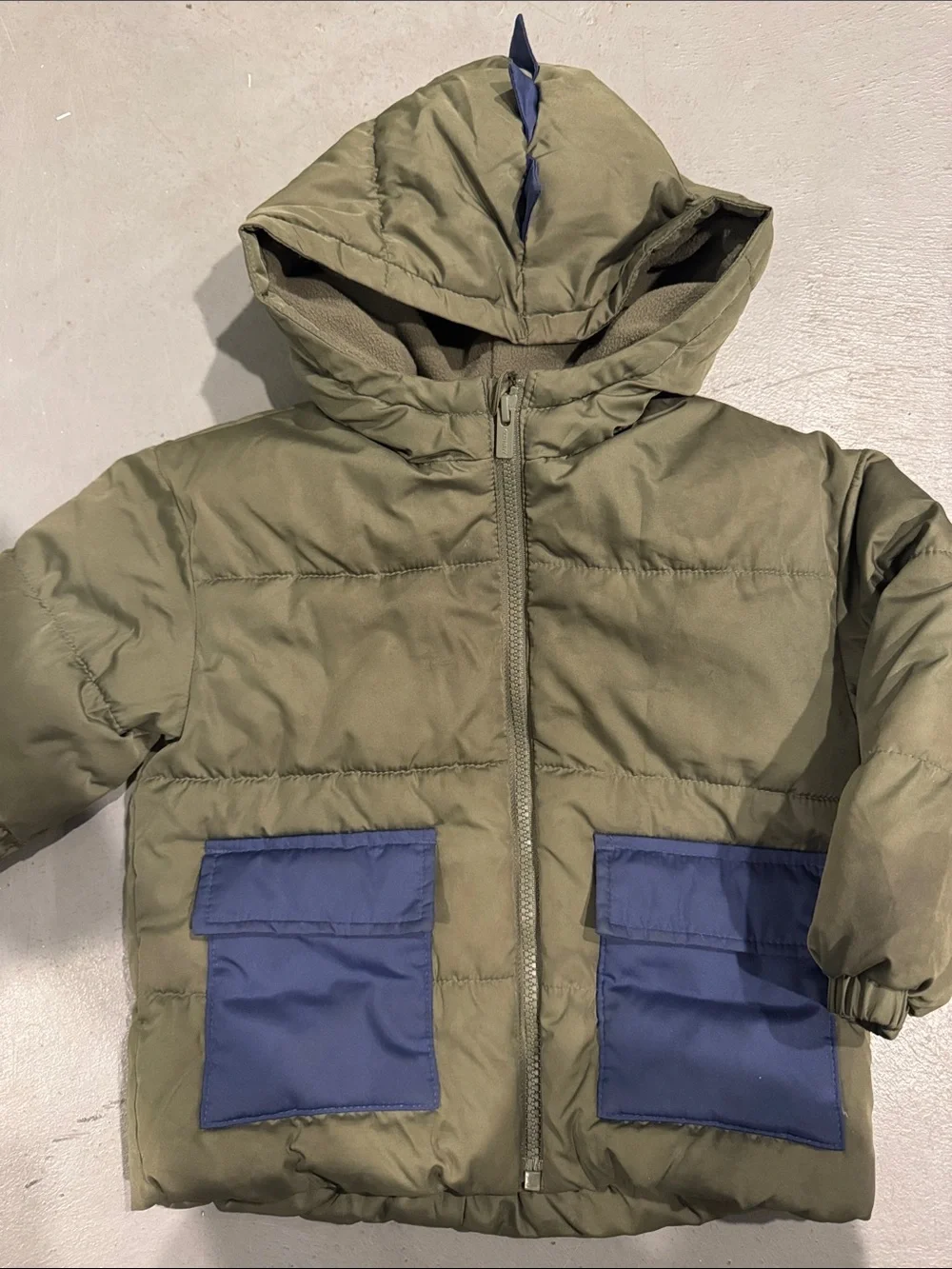 Old Navy Olive Green Toddler Puffer Jacket with Navy Pocket Accents